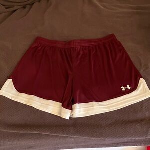Under Armour Women's Burgundy and White Athletic Shorts With Drawstring Waist